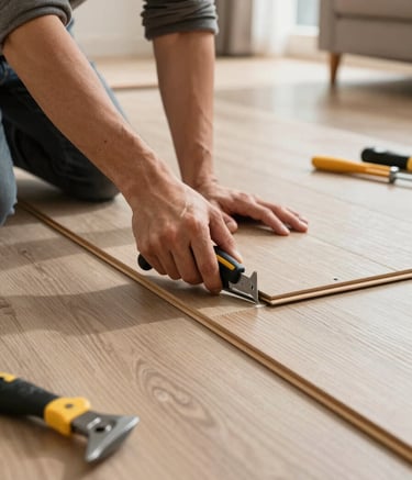 A close-up photograph of a skilled craftsman installing new light-colored wood flooring in a modern North American living room. The focus is on the precision of the fit and the professional tools nearby. The lighting is bright and natural, reflecting a clean and efficient workspace.