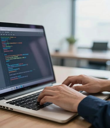 A professional South American / Brazilian software developer working in a bright, modern office. Close-up on hands typing on a laptop keyboard, with a blurred screen showing lines of code. Lighting is natural and soft, accentuating Steel Blue and Deep Navy tones from the office environment. High-quality commercial photography style.