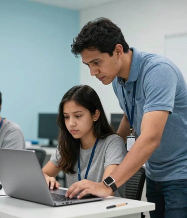An instructor in a South American / Brazilian IT training center leaning over to help a student with a laptop. Both are engaged in a learning moment, creating an atmosphere of trust and empowerment. The setting is clean with Pale Blue and Light Gray accents. Sharp focus, professional lighting.