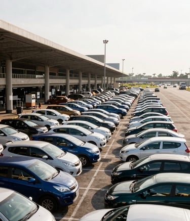 A wide-angle shot of a busy terrestrial transport terminal in Brazil, organized rows of vehicles, bright morning light, professional and efficient atmosphere with blue-grey and teal accents.