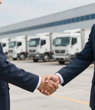 A professional handshake between two logistics partners in front of a modern South American transport facility, soft focus on a background of logistics trucks, daylight with pale blue and navy tones.