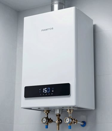 A close-up photograph of a modern, sleek white boiler unit installed professionally on a wall. The lighting is bright and clean, emphasizing a high-tech and reliable appliance. The surrounding walls are a soft ice white, and small steel blue details are visible on the piping.