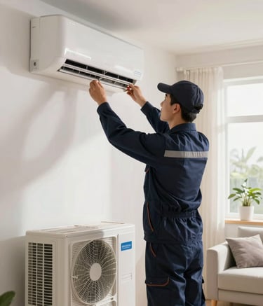 A professional HVAC technician in a dark navy blue uniform installing a modern air conditioning split unit in a bright residential living room. The scene is clean and modern, with soft natural light coming from a nearby window.