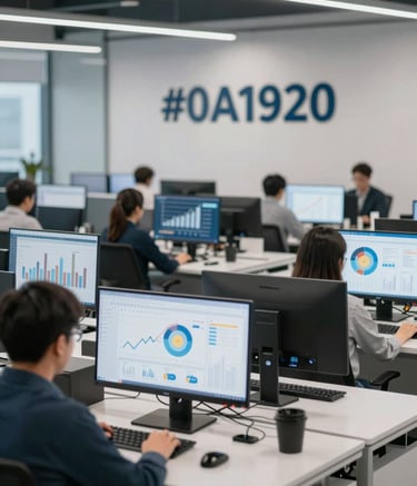 A wide shot of a modern, high-tech marketing operations center. Professional analysts are working at sleek desks with large monitors displaying growth metrics, heatmaps, and data visualizations. The lighting is sophisticated and bright, using a palette of #0A192A and #F1F4F9 to project trust and efficiency.