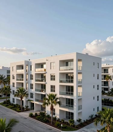 A professional wide-angle photograph of a modern Florida multifamily residential complex under a soft sky blue sky. The architecture is clean and contemporary in cool off-white, surrounded by well-maintained tropical landscaping and palm trees.