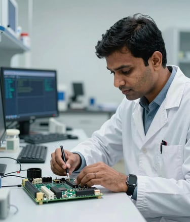 A professional IT specialist in a clean, modern lab setting in India, focusing on a complex circuit board. The lighting is bright white with slate grey and deep blue equipment in the background, conveying expertise and trust.
