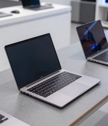 A sharp, high-angle photograph of premium refurbished laptops displayed on a slate grey table in a modern tech showroom in India. The setting is clean and professional with bright white studio lighting and a subtle reflection of blue light.