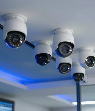 A wide shot of a professional surveillance system setup in a modern South Asian corporate office in India. Sleek high-definition cameras are mounted on a clean white ceiling, reflecting a secure and reliable tech-forward environment with deep blue lighting accents.