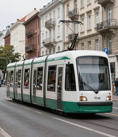 A panoramic shot of a busy urban tram network with modern infrastructure and clean lines.