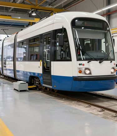 Engineers inspecting high-tech railway components in a state-of-the-art workshop.