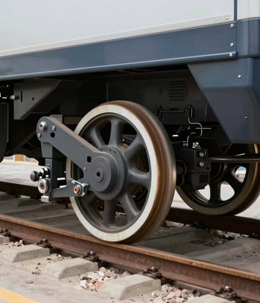 Close-up of metallic tram wheels and suspension system under bright industrial lighting.