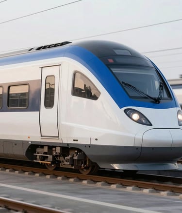 A sleek modern tram gliding through a cityscape at dusk, highlighting advanced engineering.
