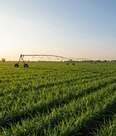 A sprawling, lush green agricultural field in the South Asian countryside during a golden hour sunset, modern irrigation equipment visible, conveying a sense of heritage and advanced farming techniques, clear sky with hints of light blue.
