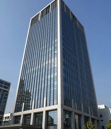 A wide-angle, professional photograph of a modern corporate office building in a South Asian urban center, bright daylight, clear blue sky, architecture featuring clean lines and dark blue glass panels.