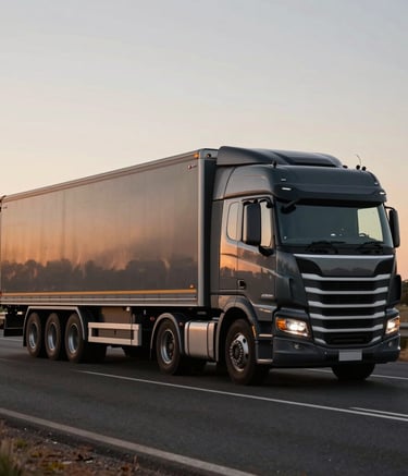 High-end photography of a sleek modern semi-trailer truck driving on an Australian highway during sunset. The composition is minimalist with deep charcoal tones and structured industrial appeal.