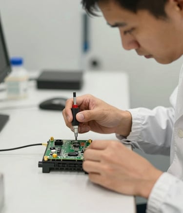 Close-up photography of a technical professional in clean corporate attire performing precision repairs on electronic components in a Sydney high-tech facility. The environment is off-white, minimalist, and clinical.