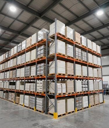 A high-end, wide-angle photograph of a massive, clean logistics warehouse interior in an Oceanic industrial park. The scene features structured shelving and high-bay racking under professional, bright lighting, utilizing a palette of off-white and charcoal grey.