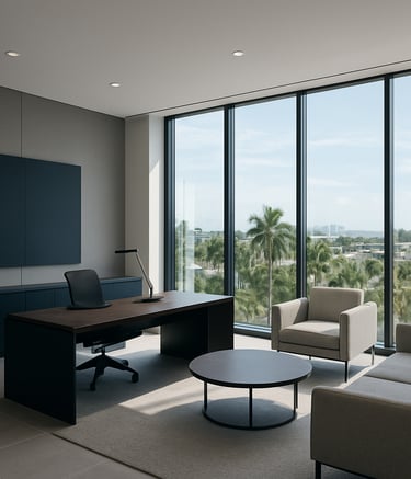 A wide-angle shot of a modern, upscale professional office interior in San Juan, Puerto Rico. Caribbean sunlight streams through floor-to-ceiling windows, illuminating a clean, minimalist design with dark blue and pale gray accents. The atmosphere is sophisticated and quiet, embodying enterprise-level professionalism.