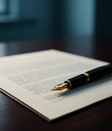 A close-up of high-quality legal documents and a professional fountain pen resting on a dark mahogany desk in a bright Caribbean / Puerto Rican office. The lighting is sophisticated and focused, highlighting the texture of the paper, with soft blue and slate tones in the background to convey trust and authority.
