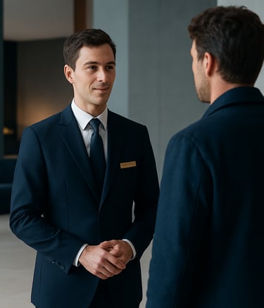 A professional concierge in a modern, luxury hotel lobby, dressed in a sharp dark navy uniform, interacting with a guest. The setting is Global / Corporate, featuring minimalist architecture and a palette of navy, light blue, and soft white tones.