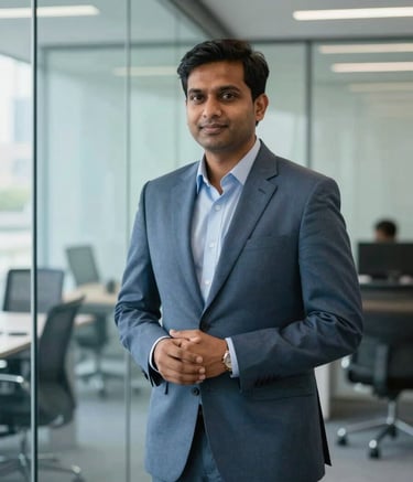 A professional South Asian / Indian business consultant in a modern Bangalore office setting. The scene features clean lines, glass walls, and a palette of slate blue and pale ice blue, reflecting expertise and reliability.