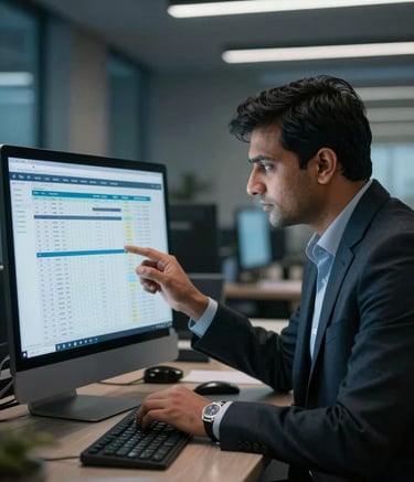 A high-end corporate office in Gurugram where a South Asian / Indian professional is reviewing digital tax records. Sophisticated lighting with dark charcoal and soft blue accents, emphasizing a tech-driven consulting environment.