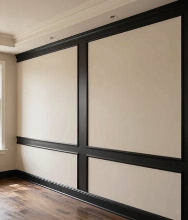 Interior shot of a sophisticated living room in a North American / US house with perfectly painted walls in beige and black accents. The lines between colors are razor-sharp. Soft architectural lighting highlights the smooth, flawless finish of the paintwork.