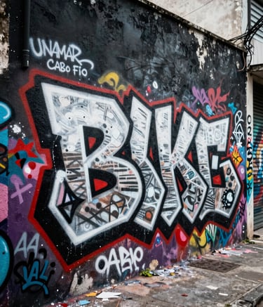 Dynamic street photography in Unamar, Cabo Frio, Brazil, showing a colorful graffiti wall with black, white, and red spray paint. High-contrast urban lighting, professional composition.