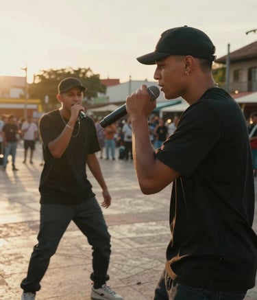 A powerful action shot of two MCs in a rhyme battle in a South American plaza. One MC is holding a silver microphone, with a focused expression. Warm golden hour lighting, cinematic urban atmosphere.