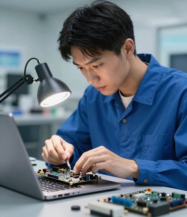 A professional technician wearing a clean blue uniform, carefully inspecting a laptop motherboard under a bright, focused light. The scene conveys expertise and precision. The background is a modern, high-tech service center with hints of #6FA1BF and #F7FAFC colors. The overall mood is reassuring and expert-driven.