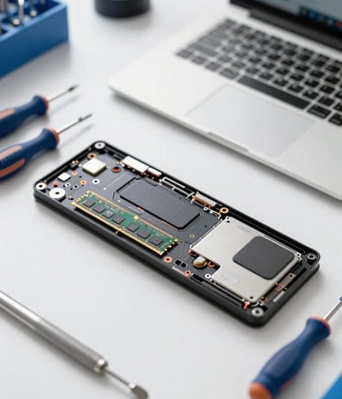A top-down view of a high-tech laptop repair workstation. The surface is clean and organized, featuring professional micro-repair tools, a precision screwdriver set, and organized internal laptop components like RAM and SSDs. The lighting is bright and clear, emphasizing an efficient and professional environment. Brand colors like #0B1A2C and #2A5D7C are subtly present in the tool handles and desk accessories.