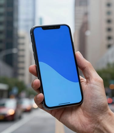 A close-up photograph of a professional's hand holding a high-end smartphone in a North American tech hub. The screen displays a sophisticated mobile interface with royal blue and light blue accents. The background is a soft-focus bokeh of a vibrant city business district during the day.