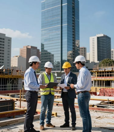 A modern construction site in a Latin American city with architects and site managers in professional attire inspecting structural work, afternoon sunlight, sharp focus, professional and clean aesthetic, blue palette.