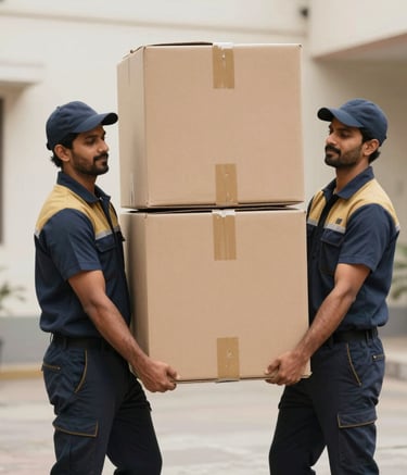 A medium shot of two professional movers in dark blue and gold uniforms carrying a large cardboard box with coordinated effort in a clean urban setting in India. The composition is clean and projects efficiency and reliability.