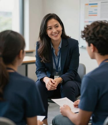 A professional mentorship session in a bright community center in the North American / US, showing a supportive advisor talking to a motivated young person, professional and approachable atmosphere, deep blue and slate blue tones.