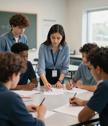 A diverse group of North American / US teenagers in a modern classroom in Columbus, Ohio, engaged in a collaborative project with a mentor, soft natural lighting, slate blue and navy blue clothing accents.