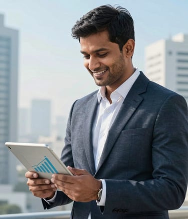 A successful entrepreneur in a bright South Asian / Indian business hub, smiling at a tablet showing high growth indicators, professional attire, soft misty white and bright sky blue lighting, clean and professional photography style.