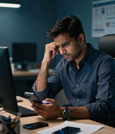 A professional in a modern South Asian / Indian office setting, looking frustrated while checking multiple smartphones on a cluttered desk, atmospheric lighting with dark navy blue and deep ocean teal shadows.