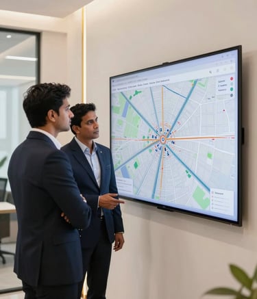A professional indoor shot of a modern real estate consultancy office in Gurgaon. Two South Asian / Indian professionals in dark navy business attire are looking at a large digital map of the city on a screen. The office is bright with off-white walls and sophisticated gold accents, reflecting a reliable and experienced business environment.
