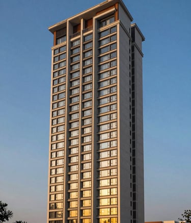 A professional architectural photograph of a premium residential high-rise in Gurgaon during the golden hour. The building features modern South Asian / Indian design. The sky is a deep steel blue, and the windows glow with warm off-white and gold lights, emphasizing luxury and sophisticated real estate.