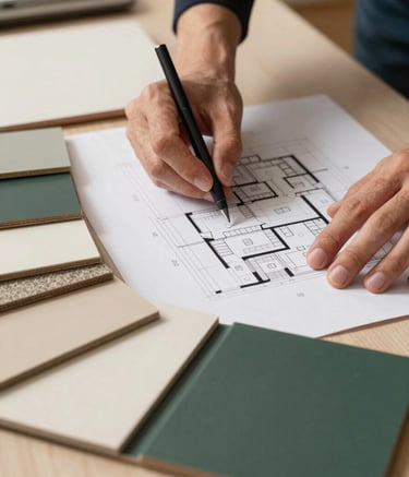 A close-up of a designer’s hands in a North American / US studio reviewing floor plans next to material samples in warm cream and muted forest green. The mood is sophisticated and professional, highlighting personalized care.