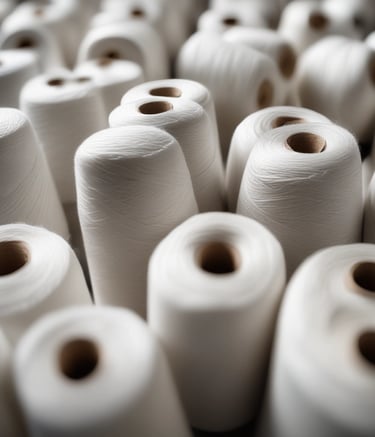 Stacks of colorful threads and yarns neatly arranged in a warehouse.