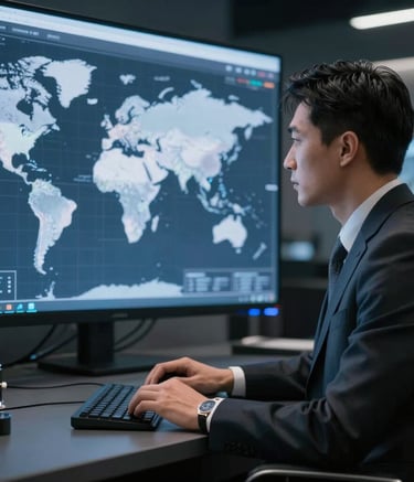 Business professional analyzing global market data on screen for international expansion planning
