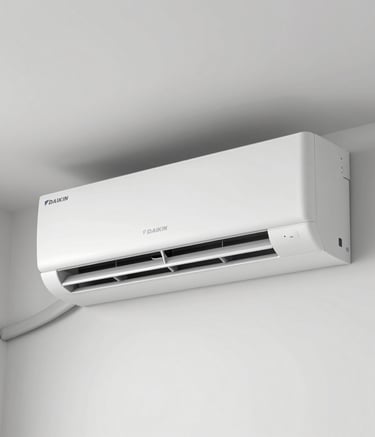 A close-up photograph of a high-end, sleek white indoor air conditioning unit from a premium brand like Daikin or Mitsubishi, mounted on a minimalist white wall in a bright Southern European luxury villa.