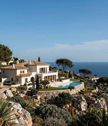 A wide-angle landscape photograph of a luxury villa on the hills of Les Adrets-de-l'Estérel under a bright blue sky, overlooking the Mediterranean coast of the French Riviera, highlighting the premium region where the business operates.