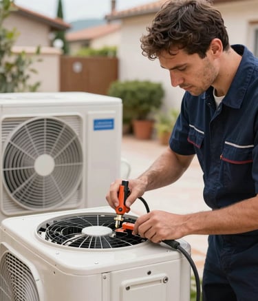 A professional technician working on an outdoor HVAC unit with specialized tools, wearing a navy uniform, in a bright Southern European residential setting, emphasizing technical reliability.