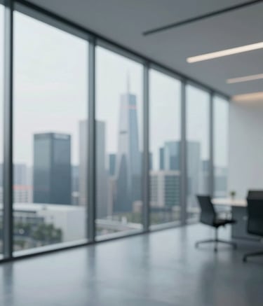 A minimalist, modern corporate office interior with glass walls and clean lines, overlooking a futuristic urban skyline. Lighting is soft and professional, incorporating shades of #0F1C2E and #F5F8FA.