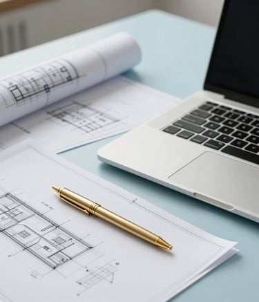 A clean workspace in a Central European office featuring a high-end laptop, architectural blueprints, and a sleek gold-colored pen on a desk, light blue and off-white color palette, modern and trustworthy atmosphere.