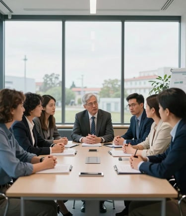 Central European / Slovak professional meeting room with a large glass window, a group of business professionals in smart casual attire discussing strategy, steel blue and off-white office interior, natural daylight.