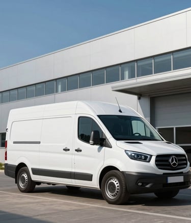 A modern white delivery van parked in front of a contemporary logistics center in a Central European industrial park, clear steel blue sky, sharp architectural details, professional automotive photography.